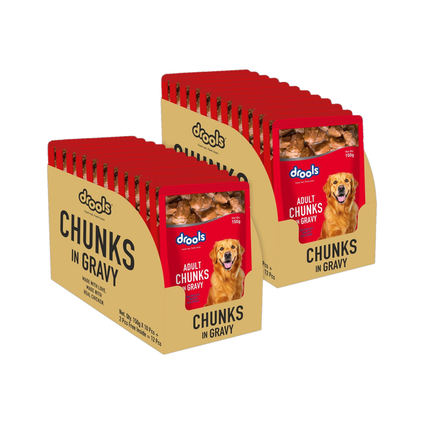 Drools Chunks in gravy for Adult - Chicken Liver and Real Chicken Chicken 3.6 kg (24x0.15 kg) Wet Adult Dog Food