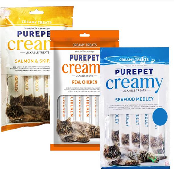purepet PUREPET CREAMY LICKABLE TREAT SEA FOOD + REAL CHICKEN +SALOM & SKIPJACK Sea Food, Chicken, Salmon 0.075 kg (3x0.02 kg) Wet Adult Cat Food