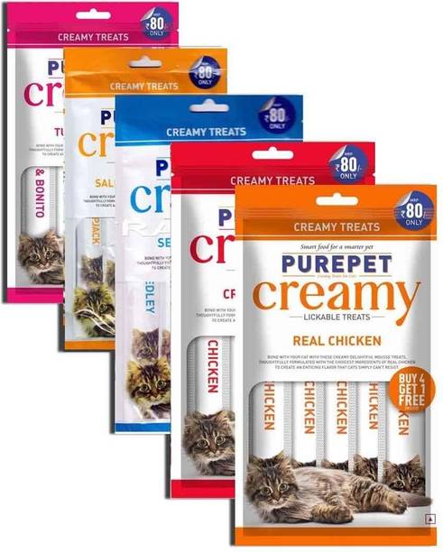 purepet PUREPET Creamy Lickable Cat Treats Multi pack, Pack of 5 X 75 Gm Fish 0.75 kg (5x0.15 kg) Wet Adult Cat Food
