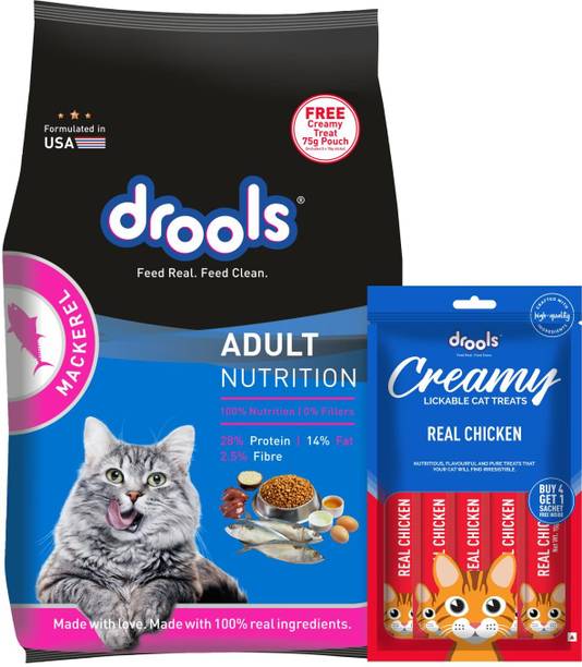 Drools Creamy Treat 75g with 1kg Mackerel 1.075 kg (2x0.54 kg) Dry Adult Cat Foo
