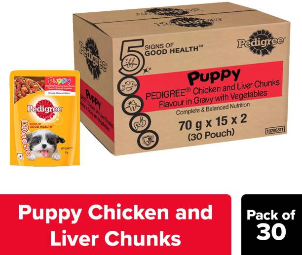 PEDIGREE Puppy And Liver Chunks Flavour in Gravy with Vegetables, Chicken, Liver Chunks 2.1 kg (30x0.07 kg) Wet New Born Dog Food
