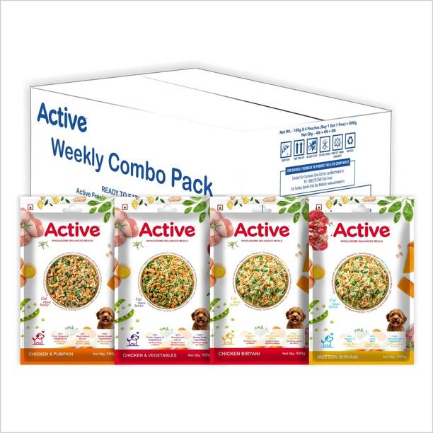 Active Fresh Dog Food Weekly Combo Pack of 4 Biryanis Chicken, Mutton, Vegetable, Pumpkin 0.8 kg (4x0.2 kg) Wet Adult Dog Food