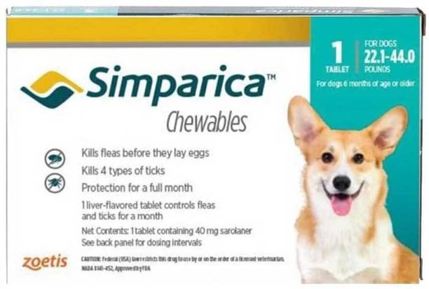 Zoetis Simparica Chewable flea tick tablets for dogs, 1 tab, 40mg (10-20kgs) Pet Health Supplements
