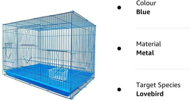 Animaux 18 Inch Blue Small Birds/Rabbit Cage with Food and Water Cups & 1 Wooden Perche Bird House