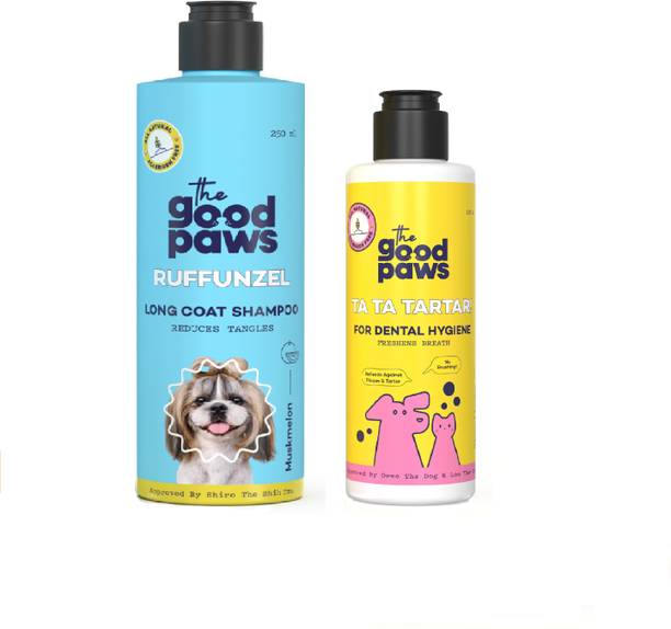 The Good Paws Duo Ruffunzel Long Coat Dog Shampoo 250ml + Ta Ta Tartar Dental Hygiene 100ml Anti-dandruff, Anti-Bacterial All Natural | Made Safe Dog, Cat Shampoo