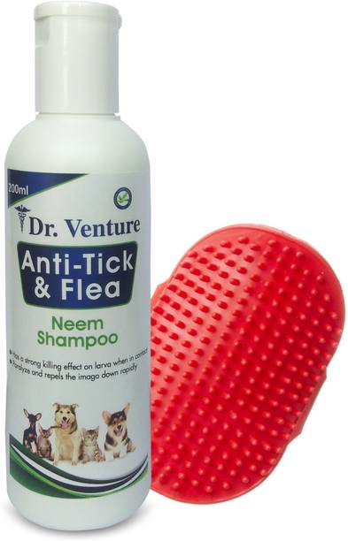 Dr Venture Anti-Tick and Flea Shampoo 200 ml + Bathing and Grooming Hand Brush Flea and Tick, Allergy Relief, Anti-itching Lemongrass Dog Shampoo