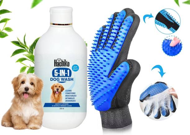 Hachiko (Combo of 2) 5IN1 Shampoo Plus Conditioner + Gloves,Natural Dog Shampoo Allergy Relief, Anti-dandruff, Anti-fungal, Anti-microbial Artificial Fragrance Free Dog Shampoo