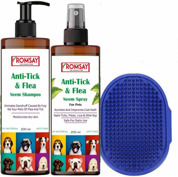 ROMSAY Anti-tick & Flea Neem Dog Shampoo + Anti-Tick & Flea Neem Spray + Bathing Brush Allergy Relief, Anti-fungal, Anti-itching, Anti-microbial, Flea and Tick, Anti-dandruff Fresh Notes, Neem Dog Shampoo