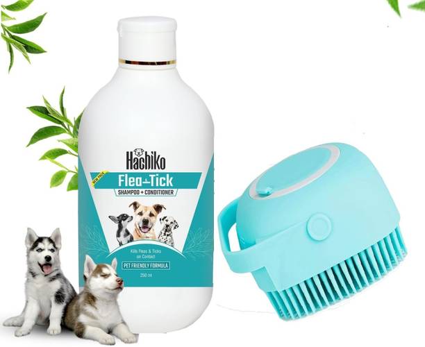 Hachiko Natural (Combo of 2) Flea and Tick Shampoo Plus Conditioner + Scrub Brush Allergy Relief, Anti-dandruff, Anti-fungal, Anti-microbial Artificial Fragrance Free Dog Shampoo