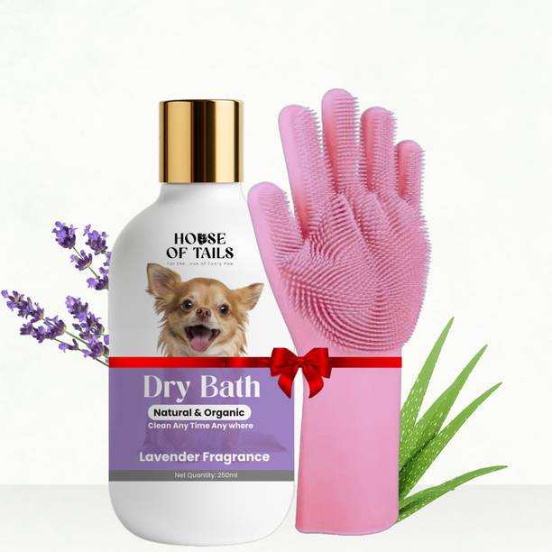 House Of Tails Dry Bath Pet shampoo Spray + Pink Bath Brush for pets With Allergy Relief, Conditioning, Anti-dandruff, Anti-fungal, Anti-itching Lavender Dog, Cat Shampoo