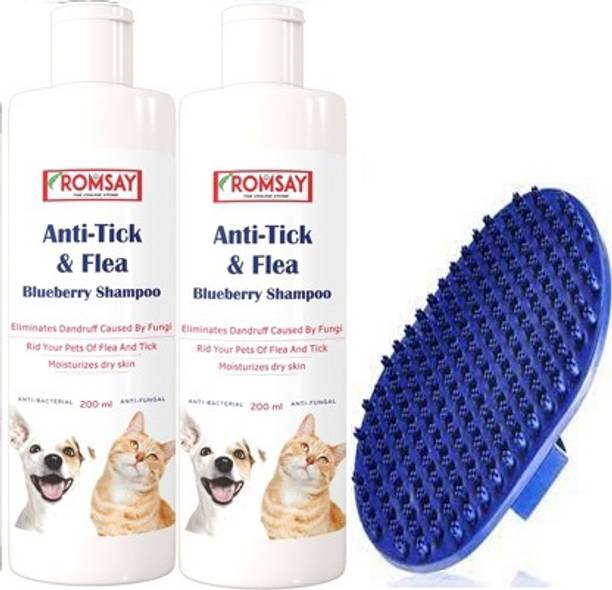 ROMSAY Anti-Tick & Flea Shampoo For Dogs & Cats 200ML Pack Of 2 With Bath Brush Flea and Tick, Allergy Relief, Anti-fungal, Anti-itching, Anti-dandruff, Hypoallergenic Fresh Notes, Blueberry Dog Shampoo