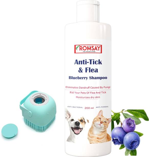 ROMSAY Anti-Tick & Flea Blueberry Shampoo 200ML + Bathing & Massaging Brush For Pets Flea and Tick, Anti-itching, Anti-fungal, Allergy Relief, Anti-Bacterial, Hypoallergenic Blueberry Dog, Cat Shampoo