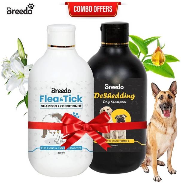 Breedo Dog Need (Combo of 2) Dog Flea-Tick Shampoo + Deshedding Shampoo Allergy Relief, Conditioning, Anti-fungal, Anti-microbial, Anti-itching, Anti-dandruff Natural Dog Shampoo