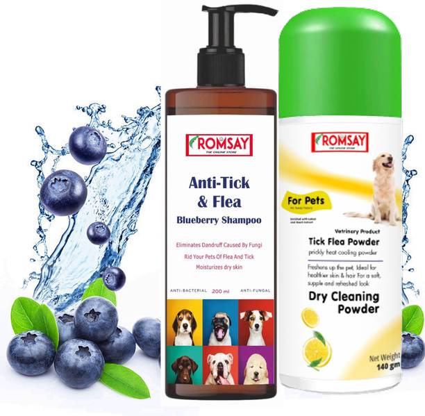 ROMSAY Tick & Flea Blueberry Shampoo 200ML + Tick & Flea Lemon Powder 140GM For Pets Flea and Tick, Allergy Relief, Anti-itching, Anti-fungal, Anti-microbial, Itch Relief Blueberry, Lemon Dog, Cat Shampoo