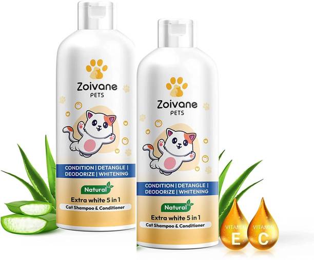 Zoivane Extra White 5 in 1 Cat Shampoo & Conditioner, Aloe Vera - 100 ML Pack of 2 Allergy Relief, Anti-microbial, Conditioning, Whitening and Color Enhancing Floral and Sweet Cat Shampoo