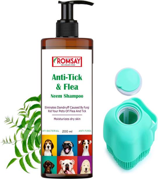 ROMSAY Anti-Tick and Flea Shampoo + Pet Bathing, Massaging, Body Scrub, Shower Brush Allergy Relief, Anti-fungal, Anti-dandruff, Anti-microbial, Flea and Tick, Hypoallergenic Neem Dog Shampoo