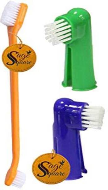 Sage Square Set of 3 Dog Brush for Teeth & Removes Food Debris Double Sided, Long Curved Pet Toothbrush