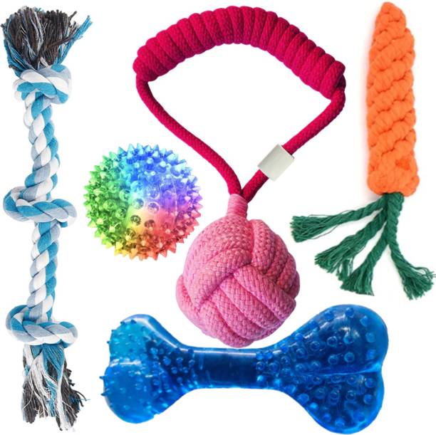 PETZLUV YOUHAVEDEAL Dog Toys, Cotton Chew Rope Toys, Squeaky Ball Toys for Puppies, 100% Cotton, Rubber Ball, Bone, Chew Toy, Rubber Toy For Dog