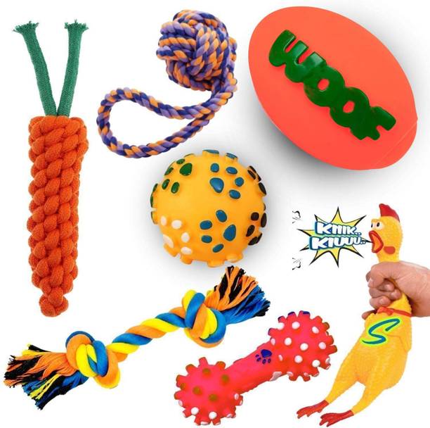 PETZLUV YOUHAVEDEAL Combo of 7 Dog Toys for Puppies & Dogs | Chew, Rope & Ball Toys Rubber Squeaky Toy, Ball, Fetch Toy, Tug Toy, Soft Toy, Fetch Toy, Chew Toy For Dog