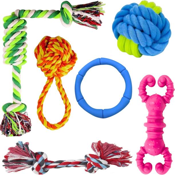 Emily Pets Puppy Combo Kit – 6in1 Dog Chew Toys Cotton, Rubber Ball, Chew Toy, T