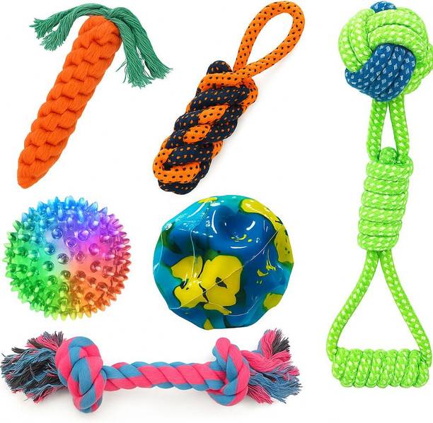 decorvaiz YOUHAVEDEAL Durable Dog Chew Toys 6 In 1 Combo for Puppies and Adult Dogs Rope Cotton Ball, Chew Toy, Fetch Toy, Tough Toy, Training Aid, Tug Toy For Dog