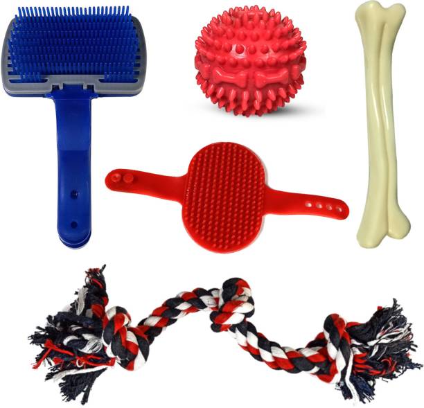 jazzyhood All Purpose Dog Kit for Furry Friends - Bath , Play , Grooming and more Rubber Ball, Bone, Chew Toy, Rubber Toy, Tug Toy, Training Aid For Dog & Cat