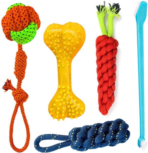 PETZLUV YOUHAVEDEAL Durable Dog Chew Toys 5 In 1 Combo for Puppies and Adult Dogs Rope Cotton Ball, Chew Toy, Fetch Toy, Tough Toy, Training Aid, Tug Toy For Dog