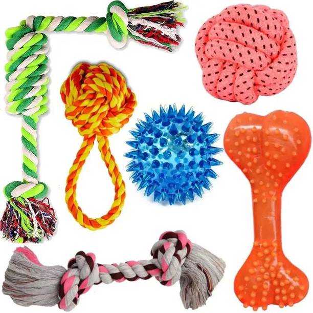 SENAPATI Cotton Rope and Rubber Chew Toys Combo for Puppies & Small Dogs Cotton Chew Toy, Rubber Toy, Ball, Bone, Soft Toy, Training Aid For Dog