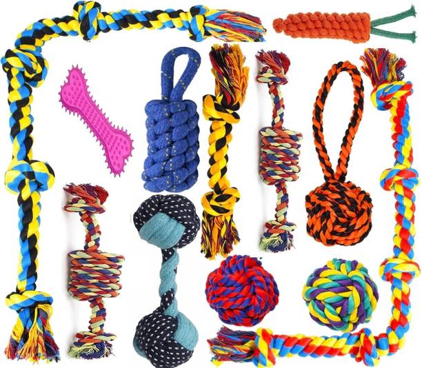 Cozy Kiddos multicolor Dog and Puppy Toy Washable Cotton Pack of 12 Cotton Ball, Bone, Chew Toy, Rubber Toy, Soft Toy, Tough Toy, Tug Toy, Training Aid For Dog & Cat