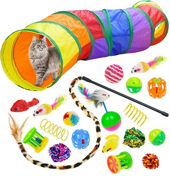 HASTHIP 20 PCS Cat Toys Kitten Toys Set, Collapsible Cat Rainbow Tunnels for Indoor Cats Bird House
