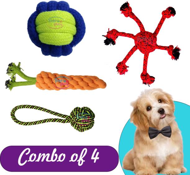 First Play Interactive Dog Rope Toys For Chewing Teething Fetching, Playing Set Of 4 Cotton Chew Toy, Tug Toy, Training Aid, Fetch Toy, Soft Toy For Dog & Cat