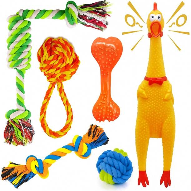 PETZLUV YOUHAVEDEAL Puppies Combo Kit for Small and Medium Dog, 6in1 Chew Toys for Puppy Cotton Squeaky Toy, Bone, Ball, Rubber Toy, Tug Toy, Chew Toy For Dog & Cat