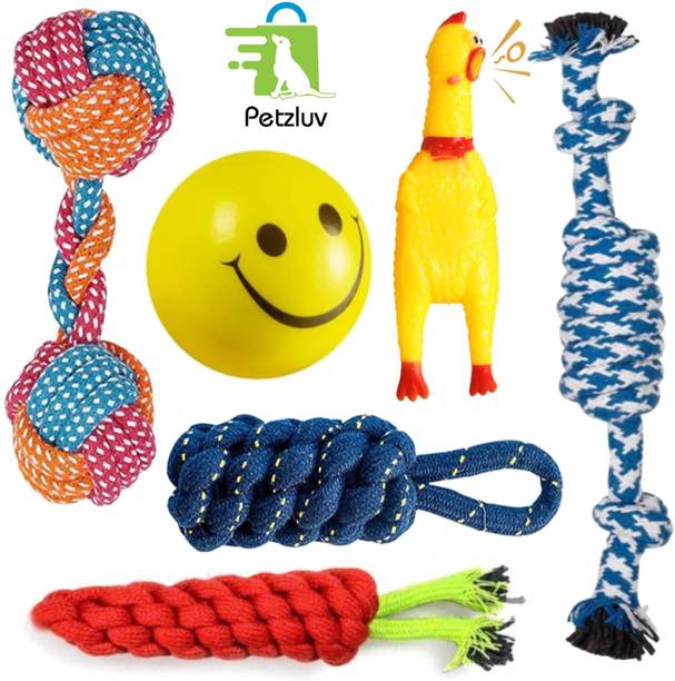 PETZLUV YOUHAVEDEAL 6 In 1 Dog Toy Set – Rope Chew Toys & Large Squeaky Chicken for Play Cotton Ball, Chew Toy, Tug Toy, Squeaky Toy, Training Aid, Tough Toy For Dog & Cat