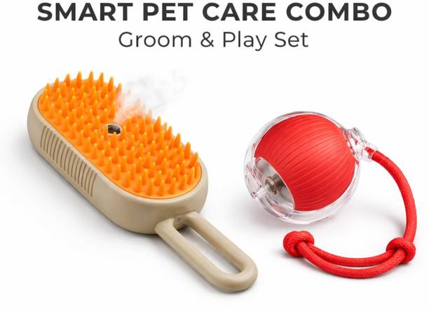 Pawmino Pet Grooming Brush & Interactive Rolling Ball Combo for Cats & Dogs || Silicone, Plastic Ball For Dog & Cat