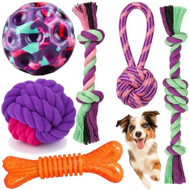 PETZLUV Durable Teething & Tug of War Rope Chew Toys Combo - Bouncy Ball & Rubber Bone Cotton Bone, Ball, Chew Toy, Fetch Toy, Training Aid, Tug Toy For Dog