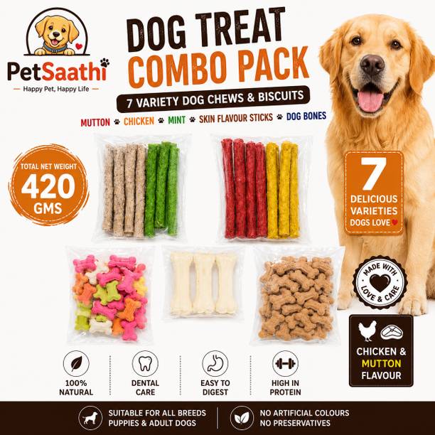 PetSaathi PetSaathi Dog Treat Combo Pack 420g | 7 Variety Chews, Biscuits & Dog 