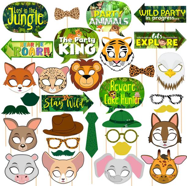 ZYOZI 32 PCS Jungle Photo Booth Props Wild Animals Forest Themed Party Props Kit Photo Booth Board