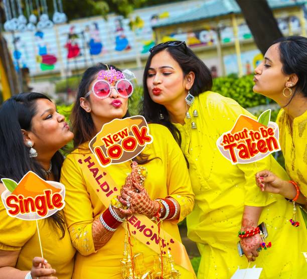 ZYOZI 15 Pcs Haldi Props for Photoshoot With 1 Pc Haldi Ceremony Sash for Pre Wedding Photo Booth Board