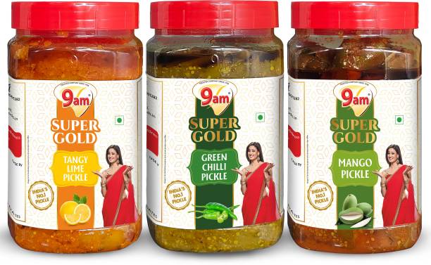 9am Pack of 3 Super Gold Tangy Lime , Green Chilli , Mango Mixed Pickle