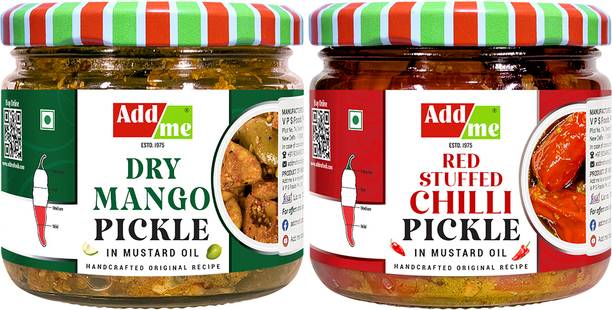 Add me Dry Mango Pickle, sukha North Indian aam ka achar 150gm & Red Stuffed Pickle, bharwa lal mirch 200gm Combo Pack Glass Jar Mango Pickle