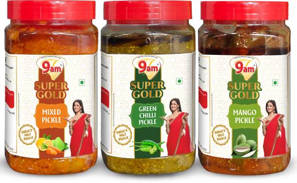 9am Pack of 3 Super Gold Green Chilli, Mango, Mixed Pickle