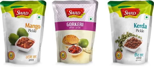 SWAD Combo Pack of Delicious and Spicy Mango, Gorkeri and Kerda Pickle | 200g Each | Pack of 3 Mango, Garlic, Lemon, Carrot, Tenti, Raw Mango(Kairi) Pickle