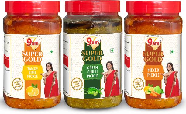 9am Pack of 3 Super Gold Tangy Lime, Green Chilli and Mixed Pickle