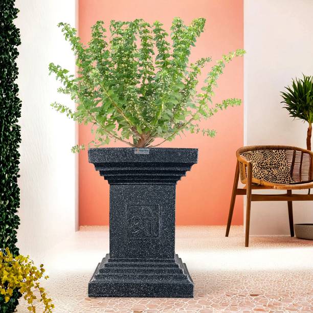 HOMESTIC by Kuber Industries 22-Inch Roto Mould Extra Large Big Size Tulsi Flower Pot | Marble Tulsi - Black Plant Container Set