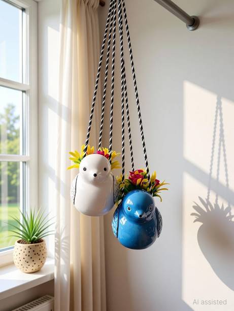 INDIA MEETS INDIA Birds Hanging Planter [Blue & White], Cute Sparrow Planters for Succulent, Cactus, Air Plants, Herbs & Other Small Plants, Perfect for Home Decor, 20 x 6.5 x 5 INCHES, Set of 2 Plant Container Set