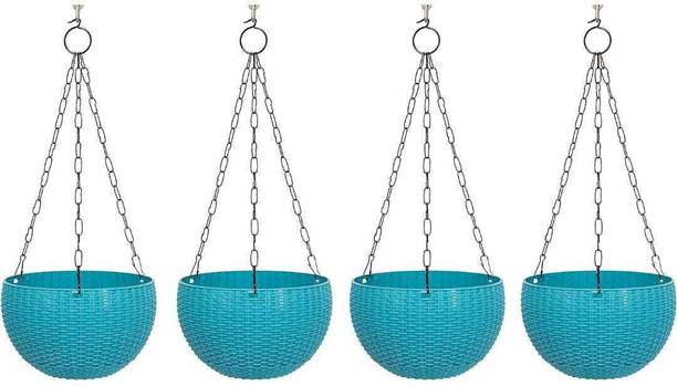 Dervino Chain Hanging Plastic Planter Pot Blue Pack of 4 Plant Container Set