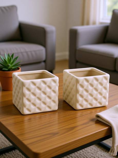 SajaoStore Planter - White Quilted Square Pot Plant Container Set