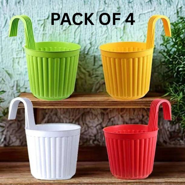 Flicksyy Plastic Hanging Planter Pots Set of 4 for Balcony & Fence Railings Plant Container Set
