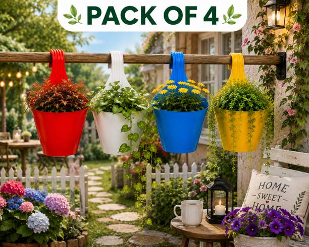 Flicksyy Plastic Hanging Planter Pots Set of 4 for Balcony & Fence Railings Plant Container Set