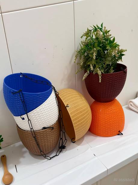 SNSHOPEE SNSHOPEE 7" Attractive woven design beautiful round hanging flower plastic pots with heavy metal chain pots combo high quality designer pots rattan hanging basket euro hanging basket pots & planters indoor pots interior design decoration pots outdoor pots landscape design lawn development gardening hanging flower pots beautiful round nursery gamla flower hanging pot for gardening pots for home garden balcony hanging pots porch pots and planters kitchen gardening terrace garden pots office decor table top pots desk decor plant container set multi color plastic pots (pack of 6) Plant Container Set